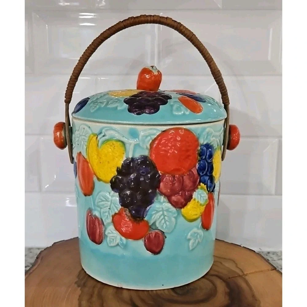 Vintage Biscuit Jar With Lid & Wicker‎ Handle Ceramic Made In Japan 8.5×6×6 inc